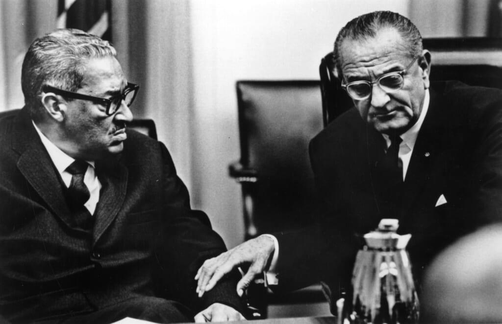 Judge Thurgood Marshall (left) in discussion with statesman Lyndon Baines Johnson, 36th President of the United States of America, following Marshall’s appointment as a member of the Supreme Court, the first African-American to hold such a post. (Photo by Keystone/Getty Images)