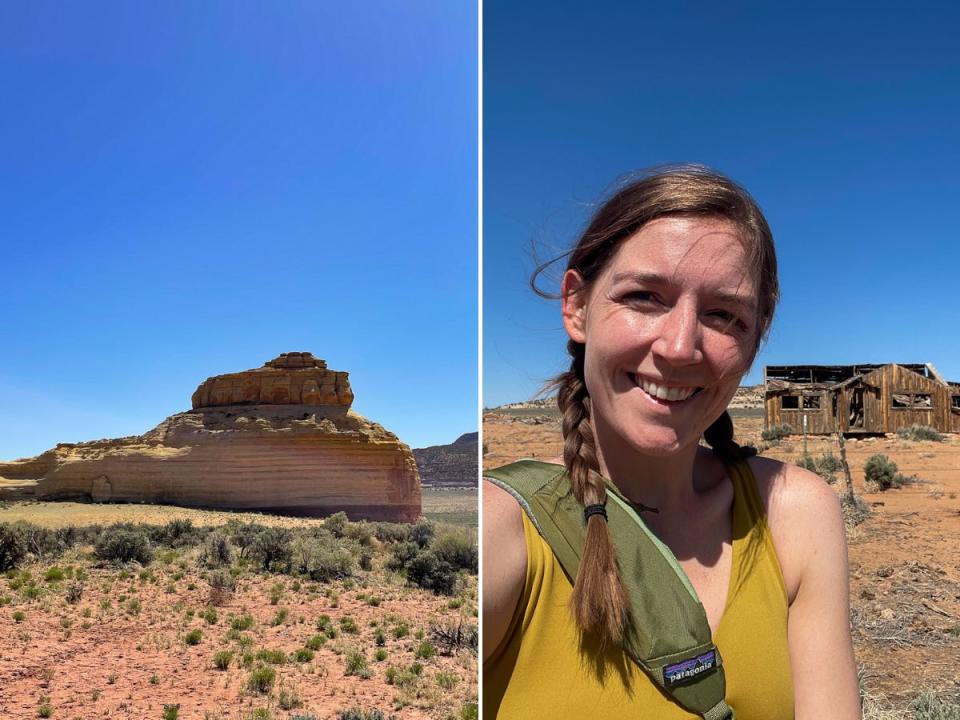 Side-by-side images of church rock and the author at the ghost town.