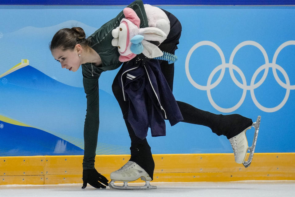 Kamila Valieva, of the Russian Olympic Committee, trains at the 2022 Winter Olympics, Monday, Feb. 14, 2022, in Beijing. (AP Photo/Bernat Armangue)