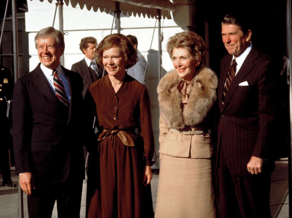 Jimmy Carter, Rosalynn Carter, Nancy Reagan, and Ronald Reagan at the White House