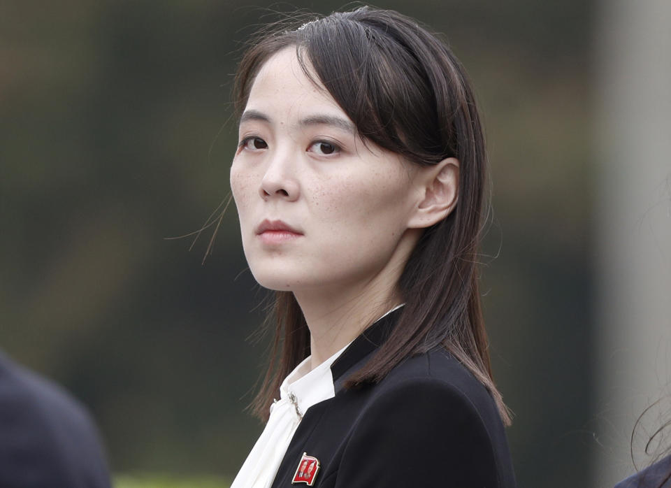 FILE - In this March 2, 2019, file photo, Kim Yo Jong, sister of North Korea's leader Kim Jong Un attends a wreath-laying ceremony at Ho Chi Minh Mausoleum in Hanoi, Vietnam. The powerful sister of North Korean leader Kim ripped South Korea for proceeding with military exercises with the United States she claimed are an invasion rehearsal and warned that the North will speed up its efforts to strengthen its pre-emptive strike capabilities. (Jorge Silva/Pool Photo via AP, File)