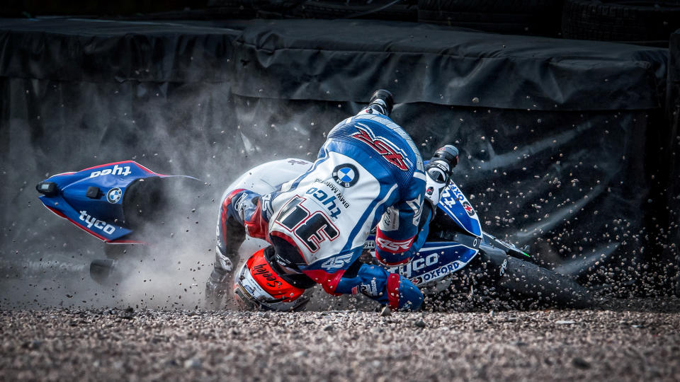 A nail-biting motorbike crash takes second place in the Sports category