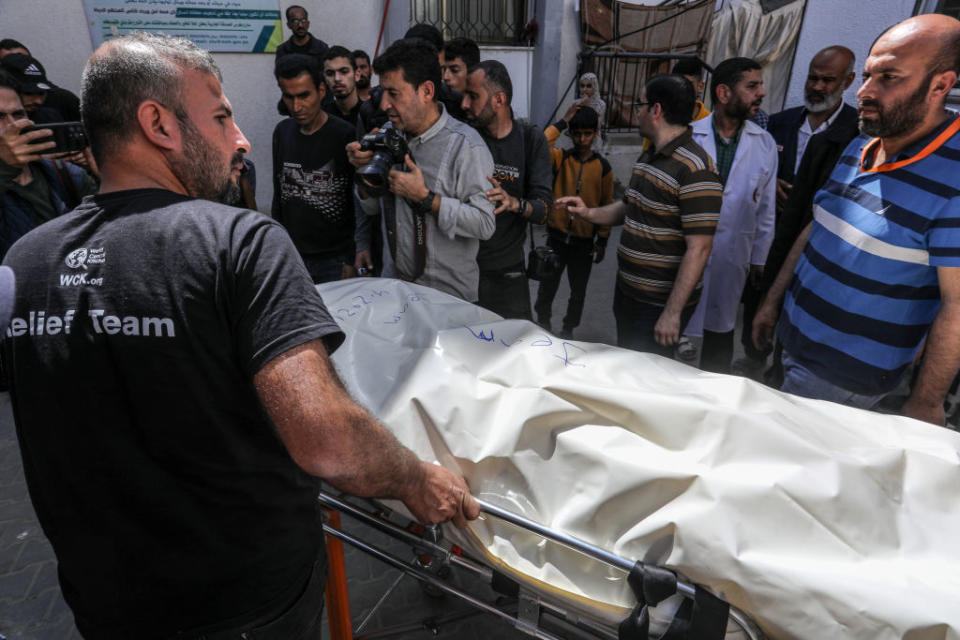 RAFAH, GAZA - APRIL 03: Bodies of World Central Kitchen workers killed after an Israeli attack are taken to El-Nejar Hospital in Rafah city, Gaza on April 3, 2024.<span class="copyright">Abed Rahim Khatib—Anadolu/Getty Images</span>