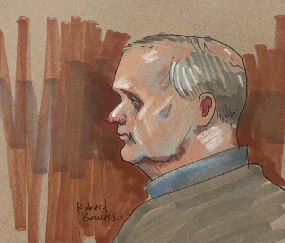 In this courtroom sketch, Robert Bowers, the suspect in the 2018 synagogue massacre, is on trial in federal court on Tuesday, May 30, 2023, in Pittsburgh. Bowers could face the death penalty if convicted of some of the 63 counts he faces in the shootings, which claimed the lives of worshippers from three congregations who were sharing the building, Dor Hadash, New Light and Tree of Life. (David Klug via AP)