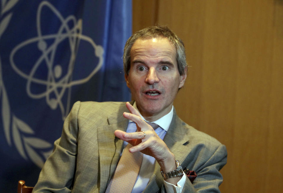 Director General of International Atomic Energy Agency (IAEA) Rafael Mariano Grossi from Argentina, gestures during an interview with The Associated Press at the International Center in Vienna, Austria, Tuesday, Dec. 3, 2019. The new head of the U.N.’s atomic watchdog agency says it still has not received the information it needs from Iran on the discovery of uranium particles of man-made origin at a site near Tehran that wasn’t declared to the agency. (AP Photo/Ronald Zak)