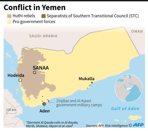 Map showing areas of territorial control in the Yemen conflict, as of February 13