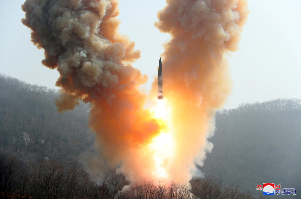 A missile fired by the North Korean military at an undisclosed location is shown in this image released by North Korea's Central News Agency (KCNA) on March 20, 2023. 