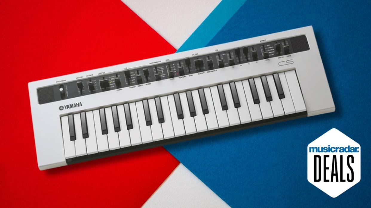  A Yamaha reface CS synthesizer on a red, blue, and white background. 