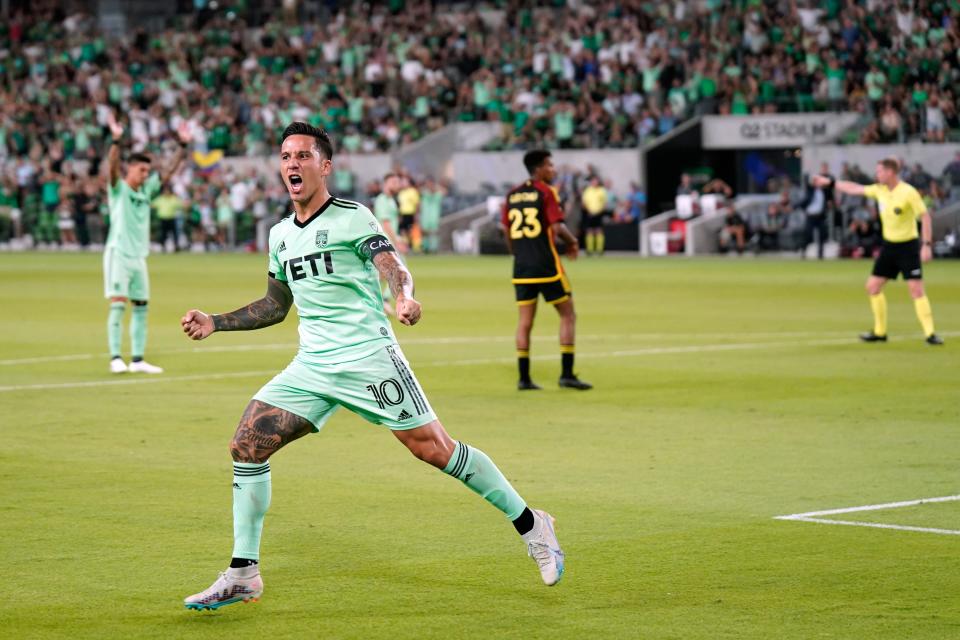 Austin FC forward Sebastián Driussi celebrates after scoring a goal against the Seattle Sounders on Aug. 30 at Q2 Stadium. El Tree is fighting for a playoff spot in the Western Conference entering the final month of the season.