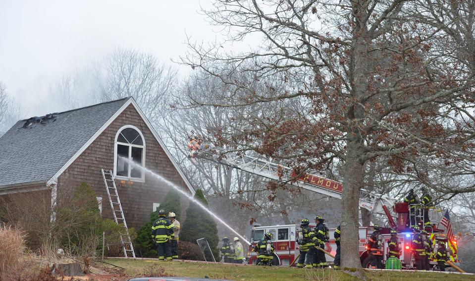 Falmouth and other area firefighters responded to a fire that broke out at 22 Rivers Edge Road Sunday afternoon. Reports of smoke coming from the roof were reported by a neighbor sometime after 1 p.m., Falmouth Fire Department Chief Timothy Smith said.