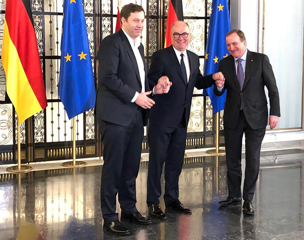 Leaders of social democracy parties, Wlodzimierz Czarzasty of Poland, center, Lars Klingbeil of Germany, left, and President of the Party of European Socialists, former Swedish prime minister, Stefan Löfven, right. (Copyright 2023 The Associated Press. All rights reserved)