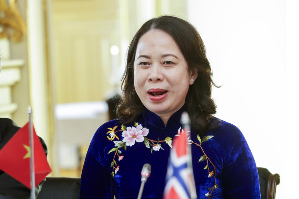 FILE - Vietnam's Vice President Vo Thi Anh Xuan listens during a working lunch with Norway's Prime Minister Jonas Gahr Støre in Oslo, on Nov. 23, 2023. Xuan will serve as acting President after former President Vo Van Thuong resigned, after a little over a year in the position, amid an intense anti-corruption campaign, according to party mouthpiece Tuoi Tre. (Emilie Holtet/NTB Scanpix via AP, File)