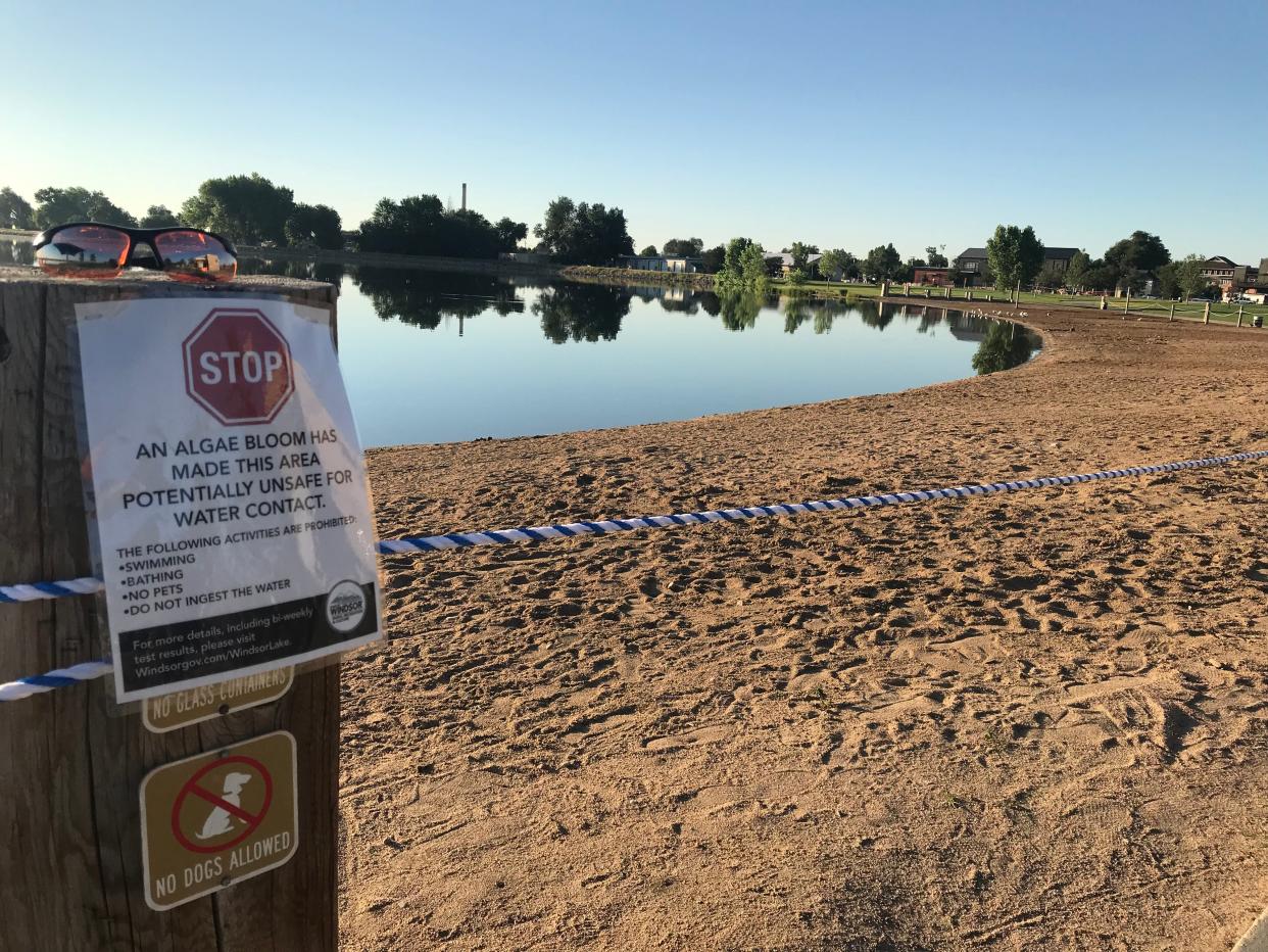 In this file photo, a sign warns visitors to Windsor Lake to stay out of the water due to a blue-green algae bloom in July 2019.
