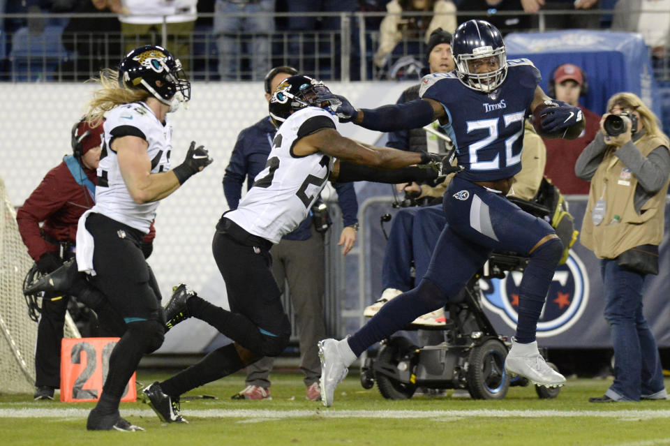 Tennessee Titans running back Derrick Henry (22) got the franchise tag. (AP Photo/Mark Zaleski)