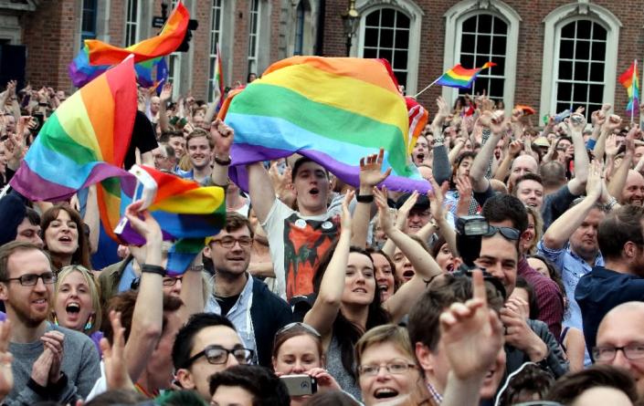 Supporters react outside Dublin Castle following the announcement of the result of the same-sex marriage referendum in Dublin on May 23, 2015 (AFP Photo/Paul Faith)
