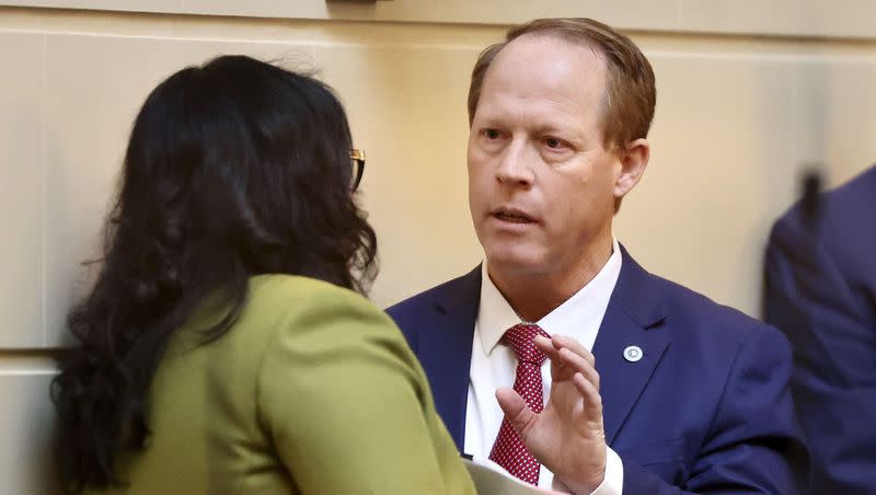 Senate Minority Leader Luz Escamilla, D-Salt Lake City, and Sen. Keith Grover, R-Provo, the Senate sponsor of HB261, titled “Equal Opportunity Initiatives,” speak at the Capitol in Salt Lake City on Wednesday, Jan 24, 2024.