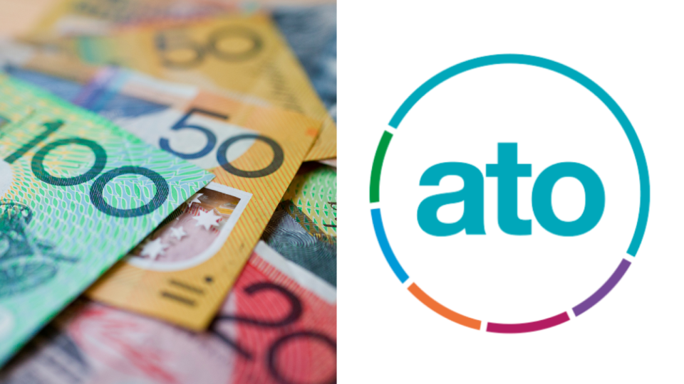 Compilation image of pile of Australian dollars with an ATO symbol on white background