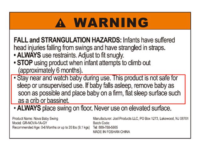 <p>US Consumer Product Safety Commission</p> Warning label on Jool Baby Nova Baby Infant Swing.