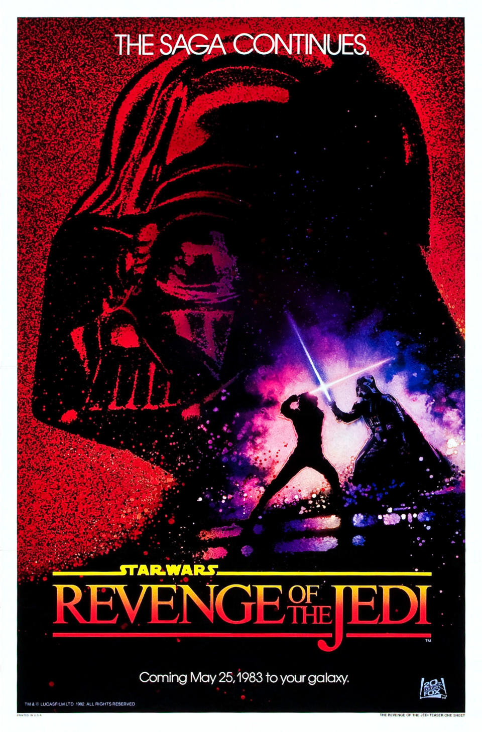Movie poster for "Star Wars: Revenge of the Jedi" showing a duel between two characters with lightsabers and the text, "The Saga Continues. Coming May 25, 1983."
