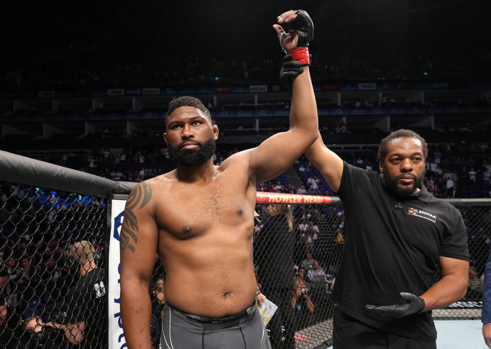 LONDON, ENGLAND - JULY 23: Curtis Blaydes reacts after his TKO victory over Tom Aspinall of England in a heavyweight fight during the UFC Fight Night event at O2 Arena on July 23, 2022 in London, England. (Photo by Jeff Bottari/Zuffa LLC)