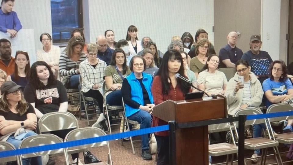 Jean Kwok, author of "Girl in Translation" speaks at the April 11, 2023 Central Bucks School Board meeting about her book, which is under review for possible removal from school libraries.