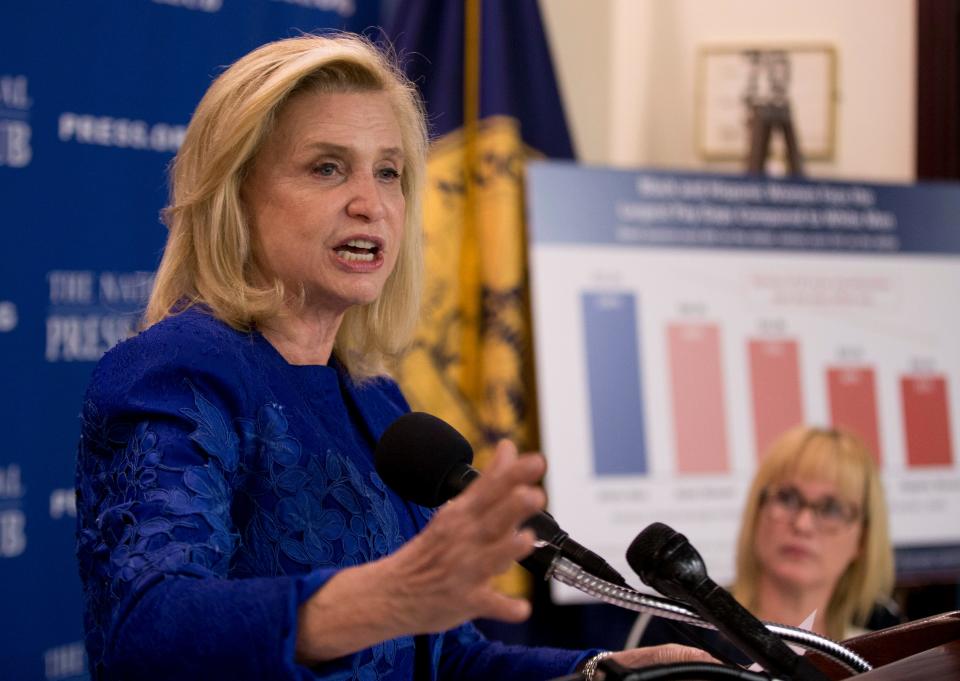 In this April 12, 2016 file photo, Rep. Carolyn Maloney, D-N.Y., speaks during a National Press Club Newsmaker news conference, on Equal Pay Day, at the National Press Club in Washington.