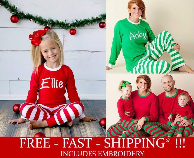 39) Personalized Striped Family Christmas Pajamas