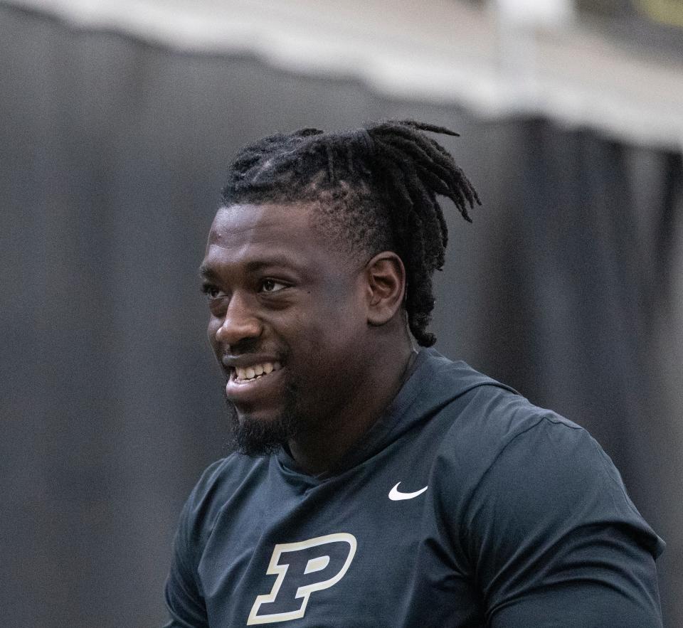 Purdue Boilermakers safety Sanoussi Kane (21) prepares for the bench press during the Purdue football pro day, Thursday, March 7, 2024, at Mollenkopf Athletic Center in West Lafayette, Ind.