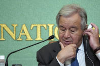 Secretary-General of the United Nations Antonio Guterres takes questions during a press confrence at the Japan National Press Club in Tokyo, Monday, Aug. 8, 2022. Guterres urged countries with nuclear weapons to stick to their no-first-use commitment of their atomic arsenals, warning that the nuclear arms race has returned amid growing international tension. (AP Photo/Eugene Hoshiko)