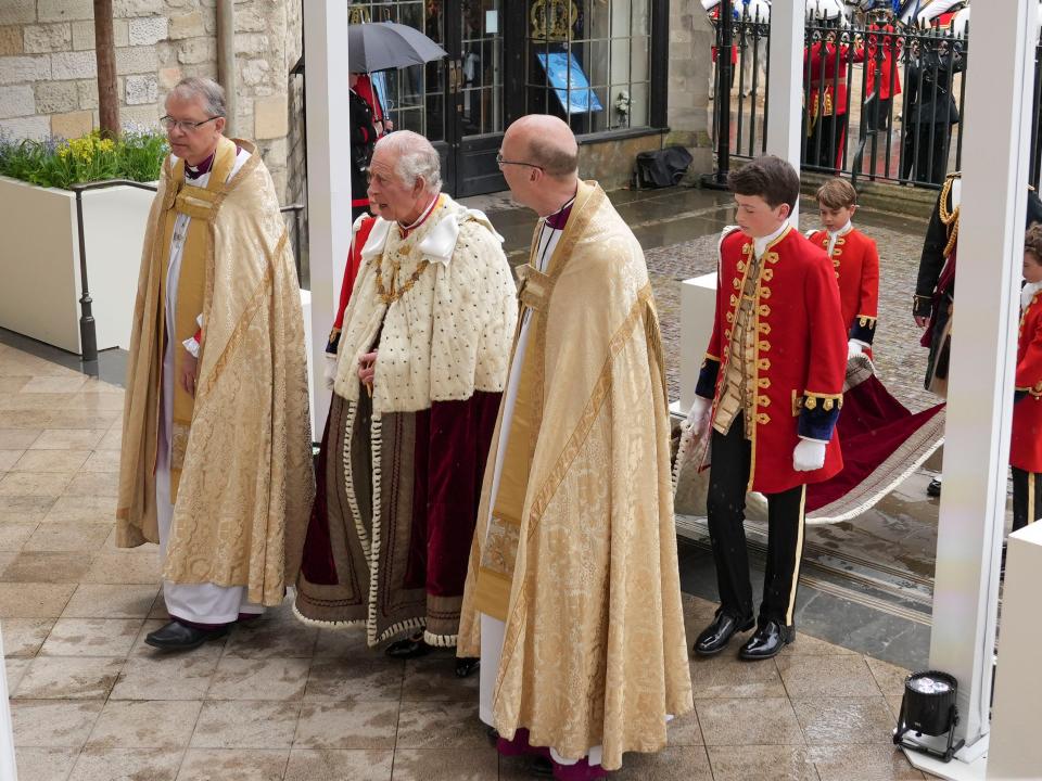 King Charles III arrives ahead of the Coronation service at Westminster Abbey on May 6, 2023