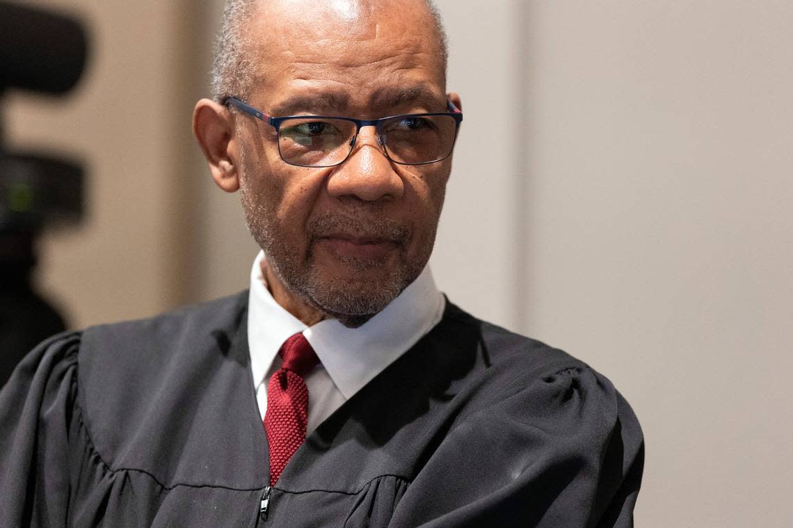 Judge Clifton Newman encourages potential jurors to stand and stretch as jury selection nears completion in Alex Murdaugh’s double murder trial at the Colleton County Courthouse in Walterboro, S.C, Wednesday, Jan. 25, 2023. (Joshua Boucher/The State via AP)