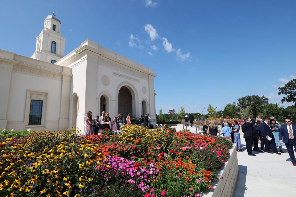 Attendees leave the first dedicatory session of the Bentonville Arkansas Temple in Bentonville, Arkansas, on Sept. 17, 2023.