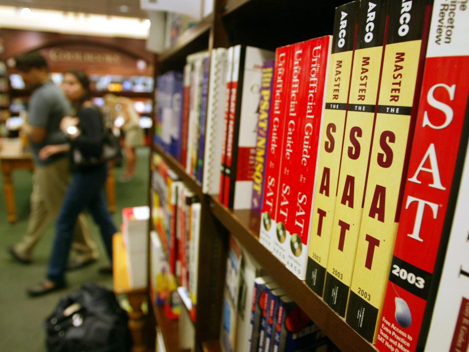 SAT prep books on a shelf