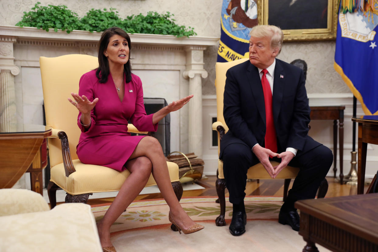 Nikki Haley and President Donald Trump in the Oval Office of the White House after Trump accepted Haley's resignation in 2018. 