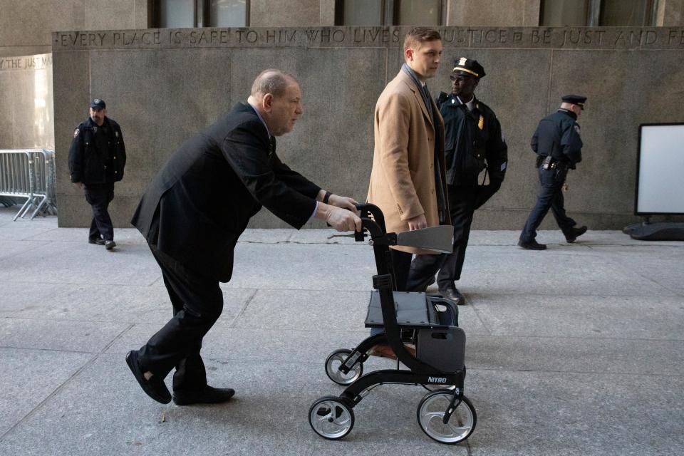 Harvey Weinstein used a wheeled walker when he arrive at the Manhattan courthouse for his sex-crimes trial , Jan. 24, 2020, in New York.