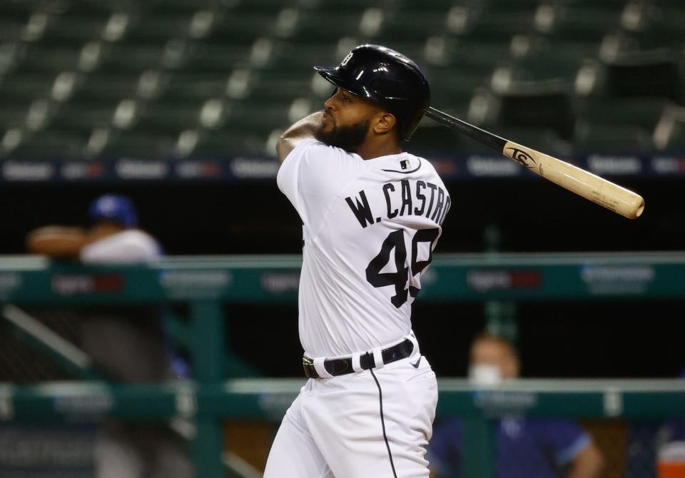 Detroit Tigers shortstop Willi Castro (49) hits a home run in the sixth inning Sept. 15, 2020 against the Kansas City Royals at Comerica Park.