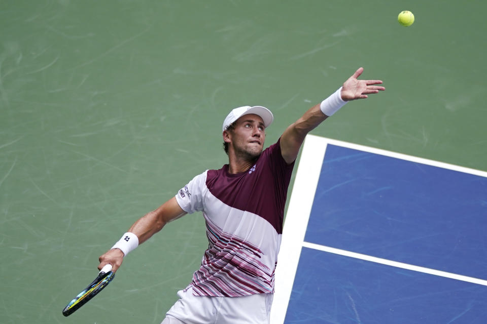 Casper Ruud, of Norway, serves to Corentin Moutet, of France, during the fourth round of the U.S. Open tennis championships, Sunday, Sept. 4, 2022, in New York. (AP Photo/Eduardo Munoz Alvarez)