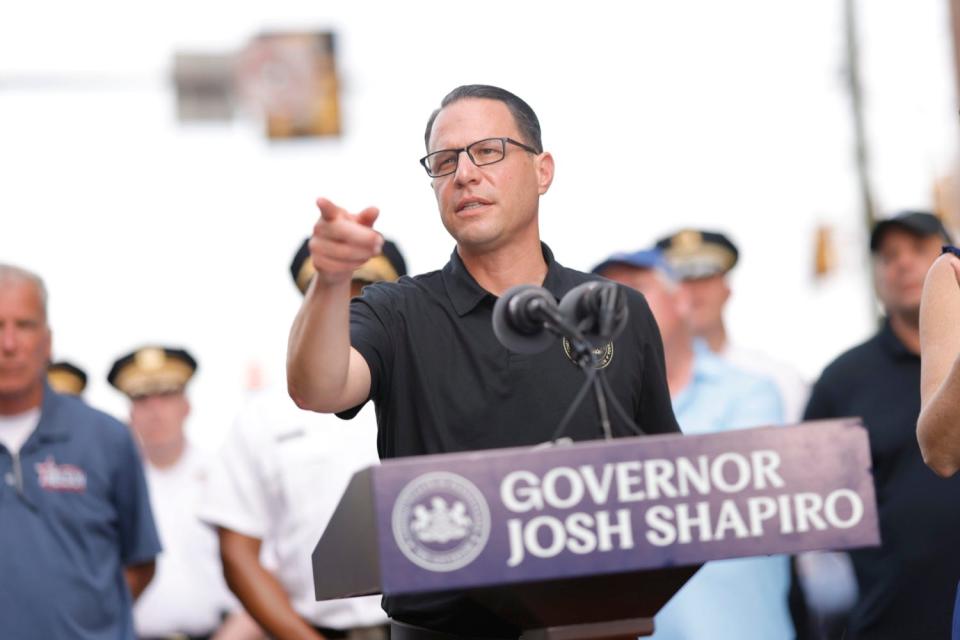 Pennsylvania Governor Josh Shapiro speaking at a press conference