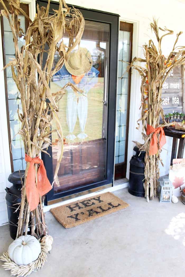 Farmhouse Fall Porch with Corn Stalks