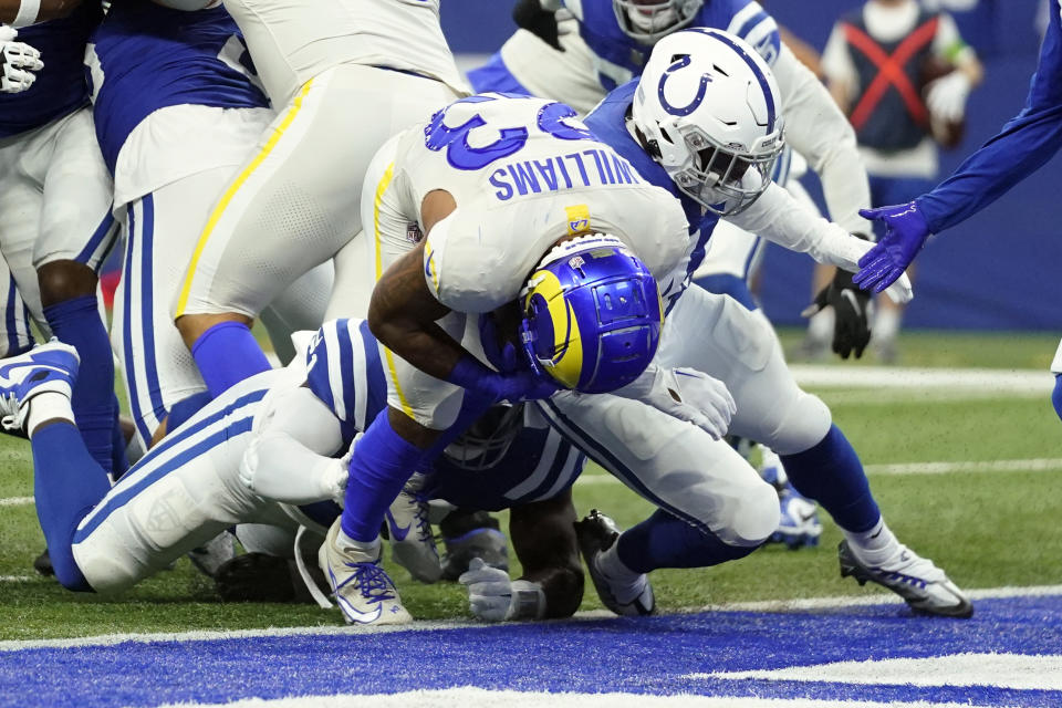 Los Angeles Rams running back Kyren Williams scores a touchdown during the first half of an NFL football game against the Indianapolis Colts, Sunday, Oct. 1, 2023, in Indianapolis. (AP Photo/Darron Cummings)