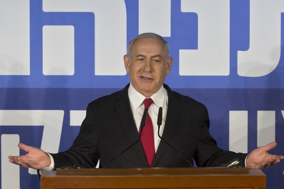 Israeli Prime Minister Benjamin Netanyahu gestures as he delivers a statement at the Prime Minister's residence in Jerusalem, Thursday, Feb. 28, 2019. Israel's attorney general on Thursday recommended indicting Prime Minister Benjamin Netanyahu with bribery and breach of trust in a series of corruption cases, a momentous move that shook up Israel's election campaign and could spell the end of the prime minister's illustrious political career. (AP Photo/Sebastian Scheiner)