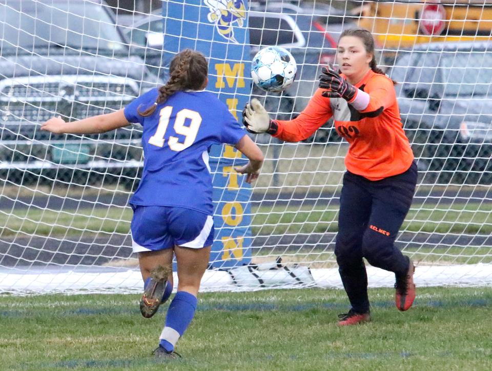 Mt. Abraham goalie Joanna Toy makes a save during the Eagles 2-1 semifinal loss to Milton in 2022.