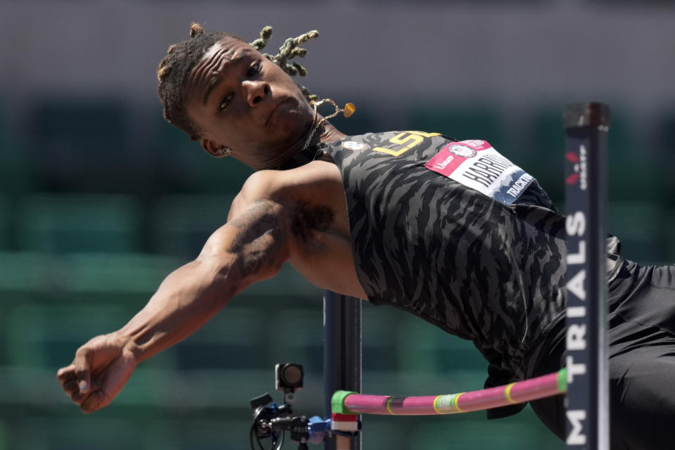 JuVaughn Harrison competes during the finals of the men's high jump at the U.S. Olympic Track and Field Trials Sunday, June 27, 2021, in Eugene, Ore. (AP Photo/Charlie Riedel)