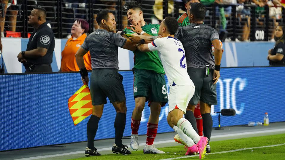 Sergiño Dest shoves and Gerardo Arteaga were both shown red cards for this altercation. - Lucas Peltier/USA TODAY Sports/Reuters
