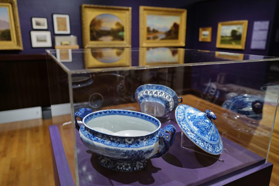 Porcelain compliments the paintings on display at the u0022Re/Framing the View: Nineteenth-Century American Landscapesu0022 exhibit opening at the Whaling Museum in New Bedford.