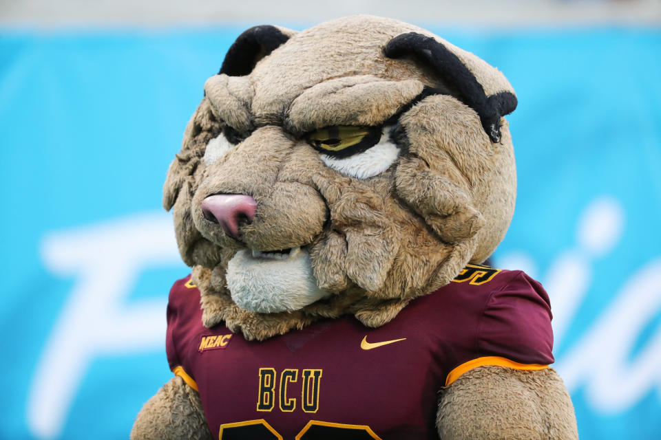 The Bethune Cookman mascot looks on.