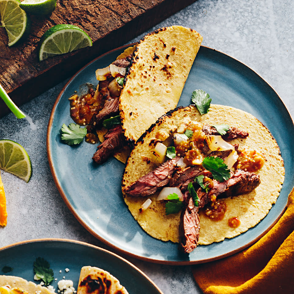 Chipotle Skirt Steak Tacos with Smoky Tomatillo Salsa