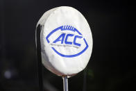FILE - The ACC logo sits atop the chain marker during the second half of an NCAA college football game between Duke and North Carolina A&T in Durham, N.C., Saturday, Sept. 7, 2019. The Atlantic Coast Conference has cleared the way for Stanford, California and SMU to join the league, two people with direct knowledge of the decision told The Associated Press on Friday, Sept. 1, 2023, providing a landing spot for two more teams from the disintegrating Pac-12. (AP Photo/Karl B DeBlaker, File)