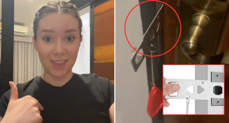 The Aussie tourist (left) who was stuck in her hotel room for three hours. Right, the viral travel lock seen stuck in her door.