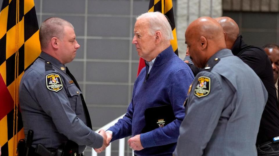 PHOTO: President Joe Biden thanks first responders for their efforts during the collapse of the Francis Scott Key Bridge, on April 5, 202,4 in Dundalk, Md.  (Manuel Balce Ceneta/AP)